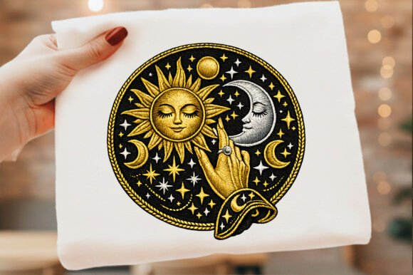 Celestial Hand Line Art Embroidery PNG