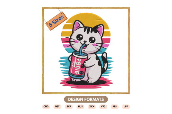 Cute Cat Drinking Soda Embroidery Design