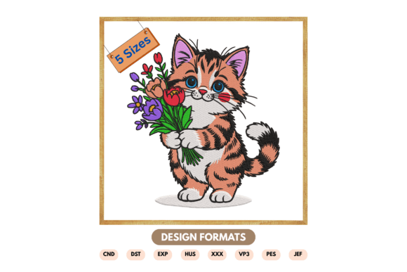 Cute Kitten with Flowers Embroidery Design