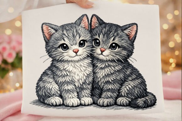 Cute Two Tabby Cats Kittens Embroidery P