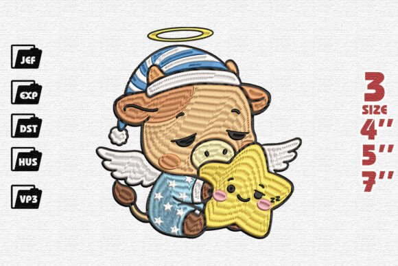 Sleepy Angel Cow Embroidery Design