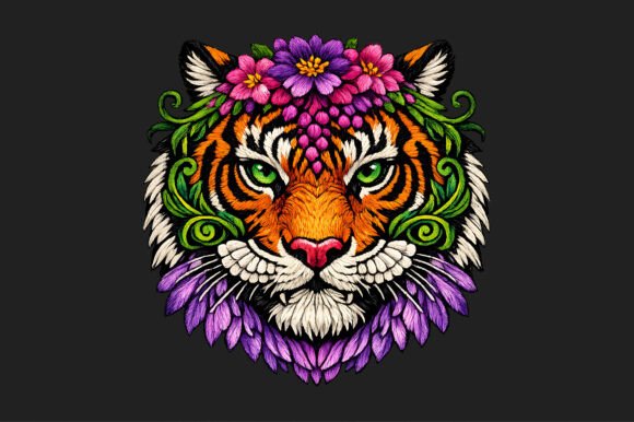 Tiger of Flowers Portrait Embroidery PNG
